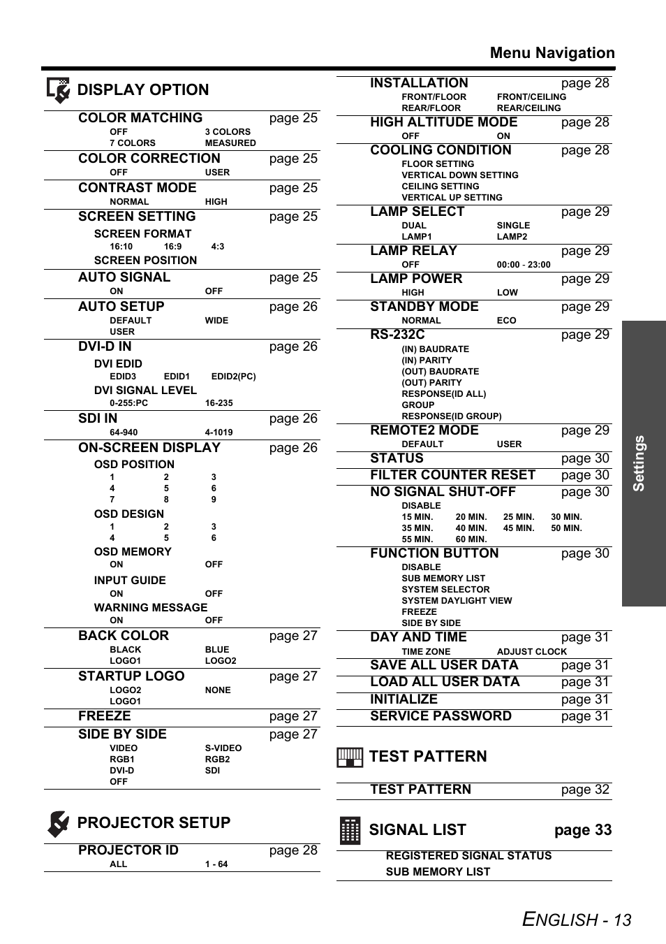 Nglish - 13, Menu navigation, Settings | Color matching page 25, Color correction page 25, Contrast mode page 25, Screen setting page 25, Auto signal page 25, Auto setup page 26, Dvi-d in page 26 | Panasonic DLP PT-DW6300 User Manual | Page 13 / 52