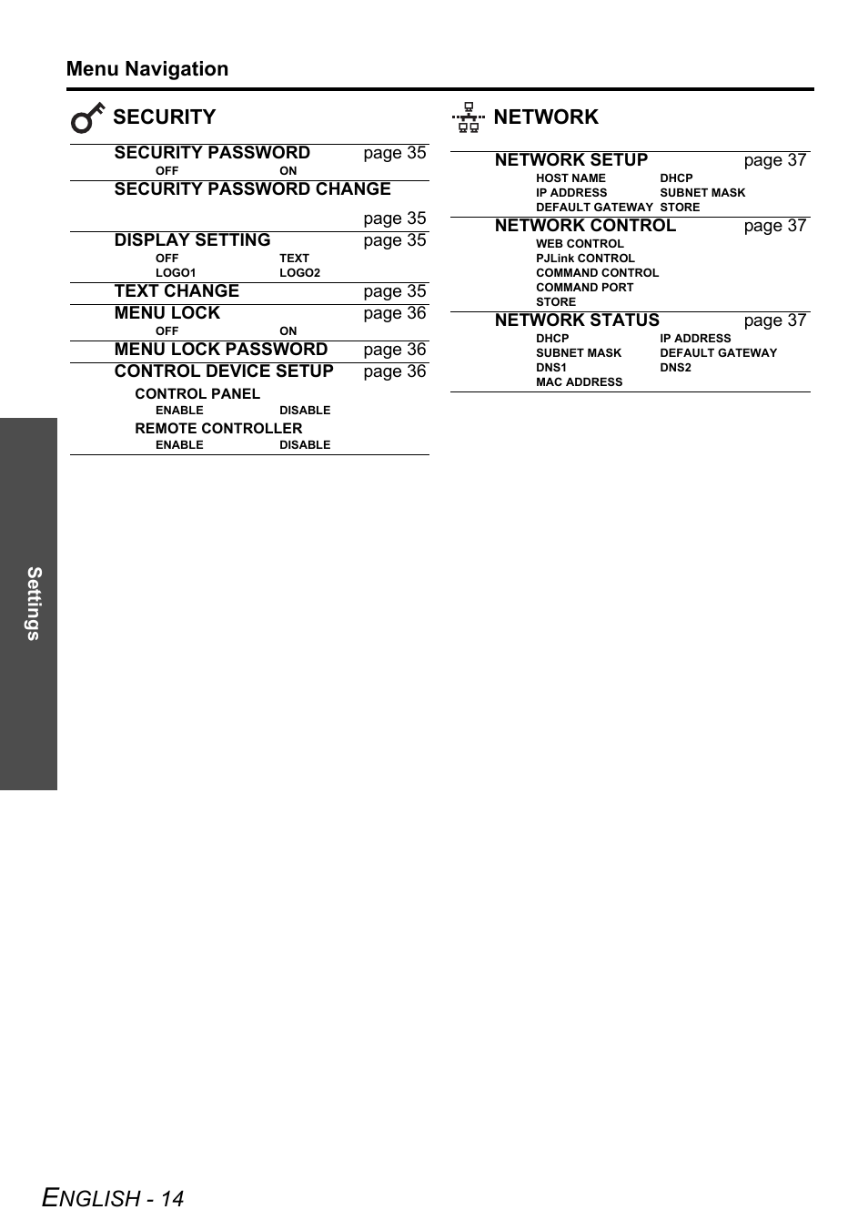 Nglish - 14, Menu navigation, Security network | Settings | Panasonic DLP PT-DW6300 User Manual | Page 14 / 52