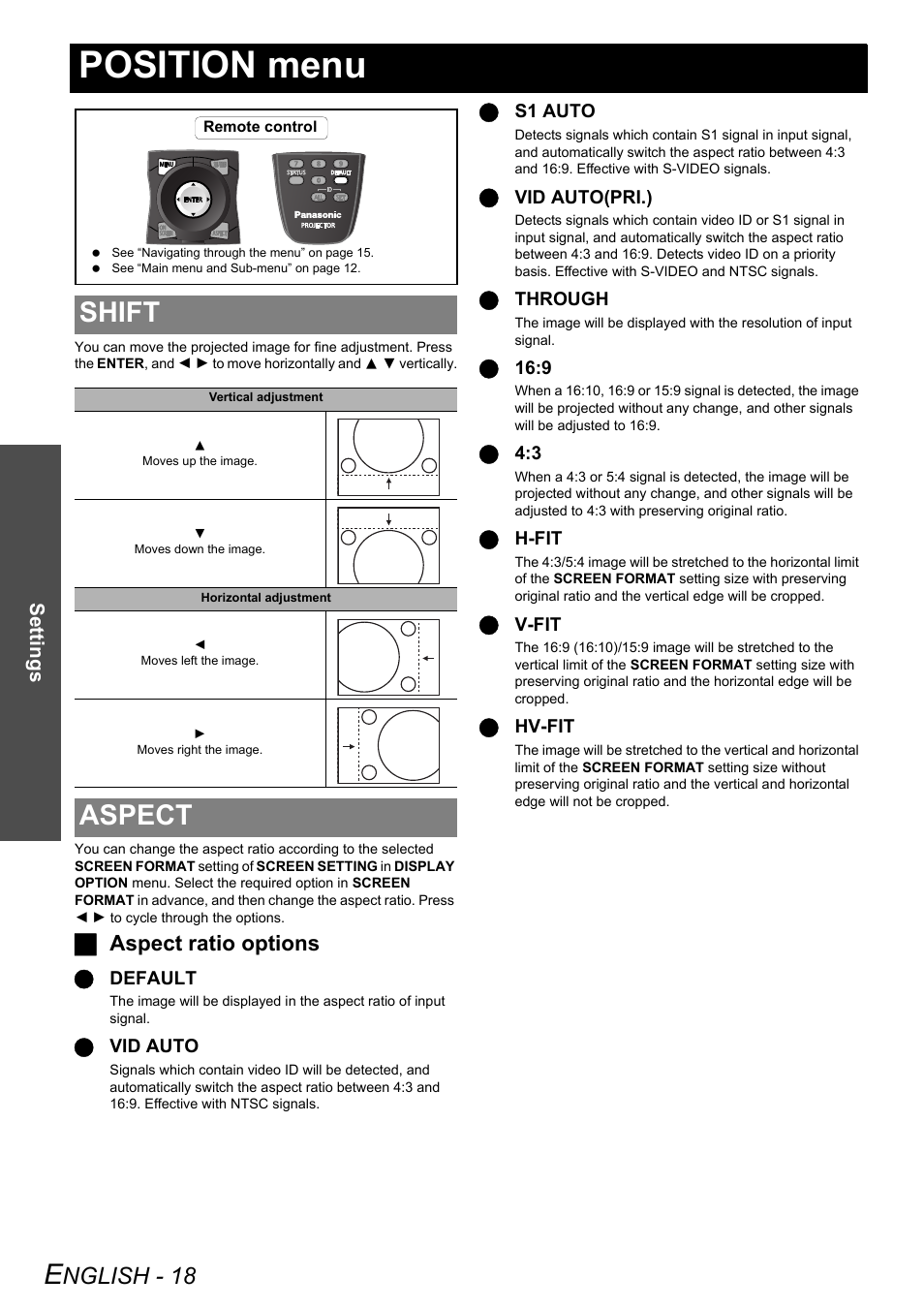 Position menu, Shift, Aspect | Shift aspect, Nglish - 18, Jaspect ratio options | Panasonic DLP PT-DW6300 User Manual | Page 18 / 52
