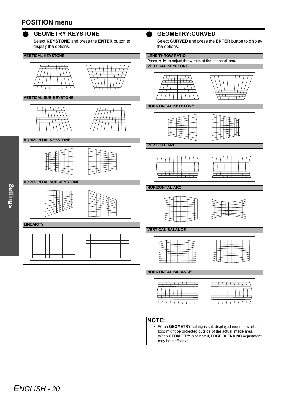 Nglish - 20, Position menu, Settings | Qgeometry:keystone, Qgeometry:curved | Panasonic DLP PT-DW6300 User Manual | Page 20 / 52