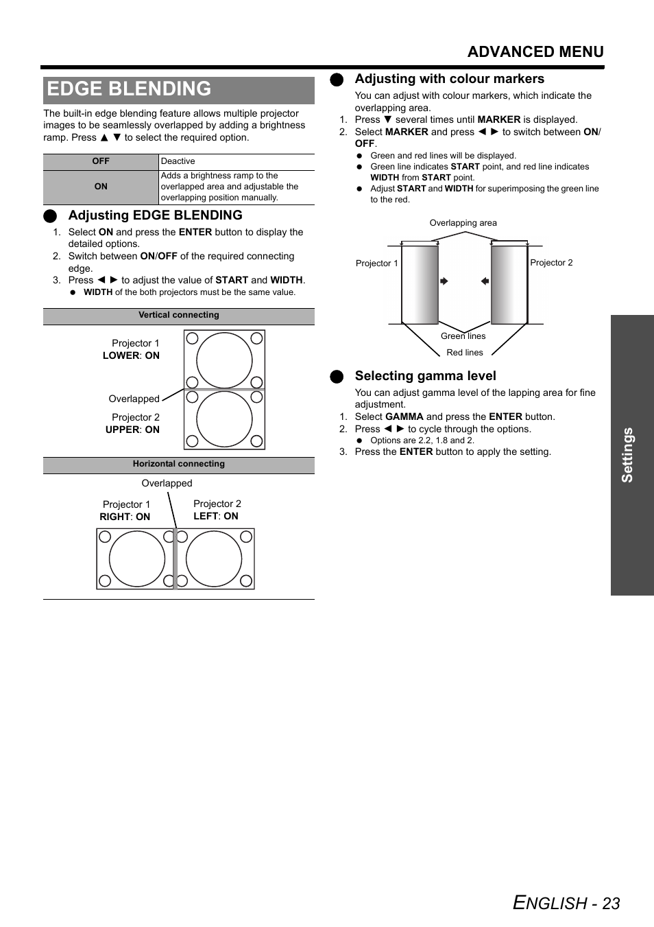 Edge blending, Nglish - 23, Advanced menu | Settings, Qadjusting edge blending, Qadjusting with colour markers, Qselecting gamma level | Panasonic DLP PT-DW6300 User Manual | Page 23 / 52