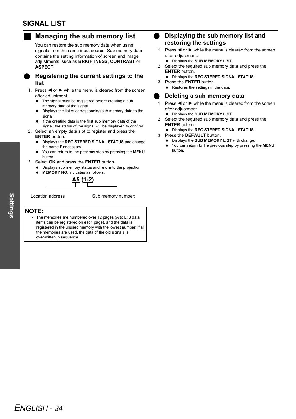 Nglish - 34, Signal list, Settings | Qregistering the current settings to the list, A5 (1-2) | Panasonic DLP PT-DW6300 User Manual | Page 34 / 52