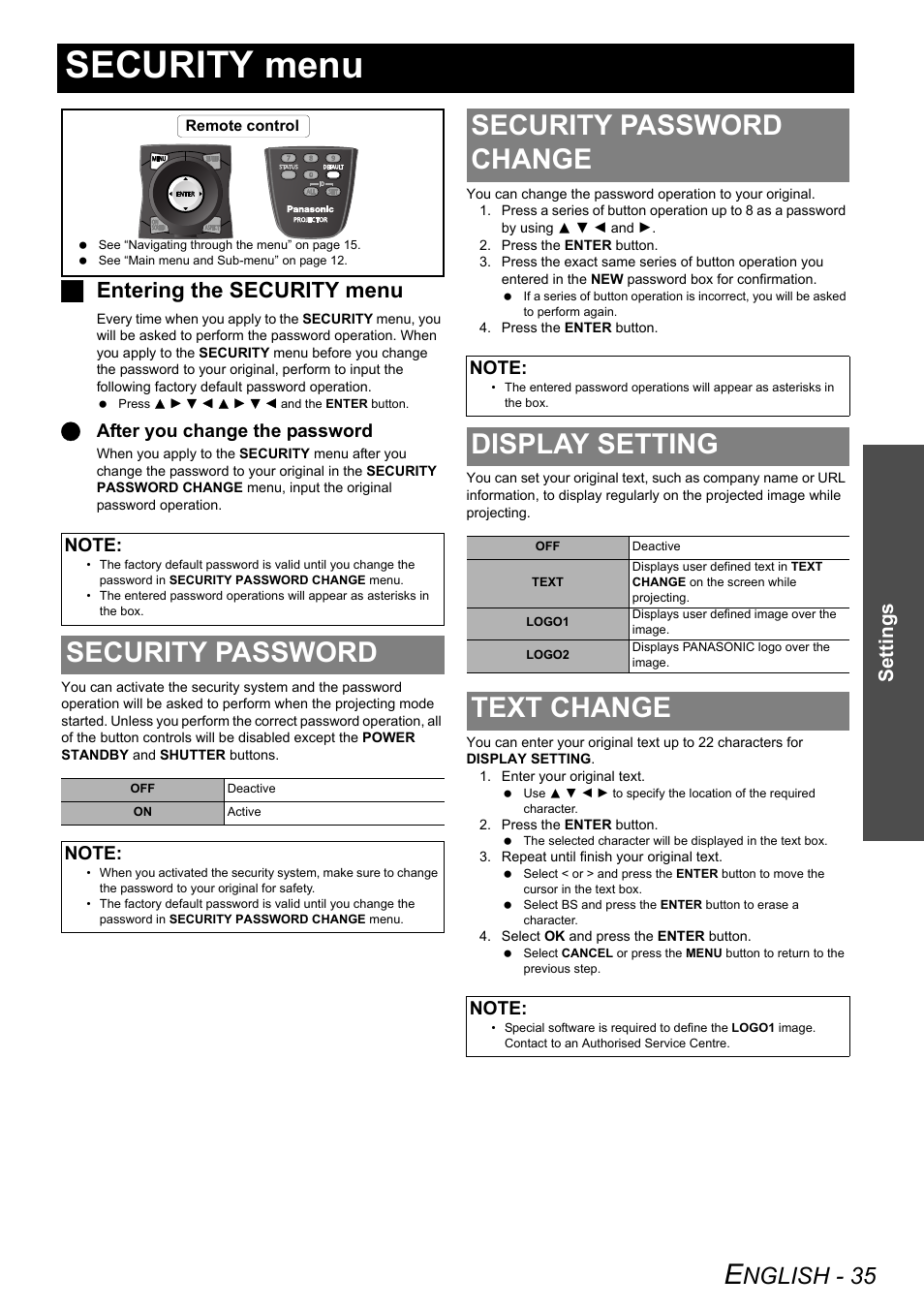 Security menu, Security password, Security password change | Display setting, Text change, Nglish - 35, Jentering the security menu, Settings, Qafter you change the password | Panasonic DLP PT-DW6300 User Manual | Page 35 / 52