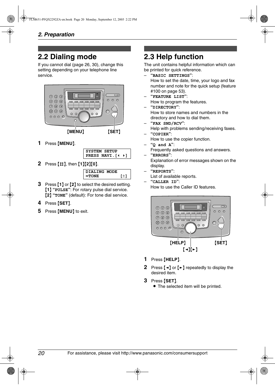 2 dialing mode, Help button, 3 help function | Volume, Dialing mode, Help function, 2 dialing mode, 3 help function, Preparation 20 | Panasonic KX-FLM651 User Manual | Page 22 / 90