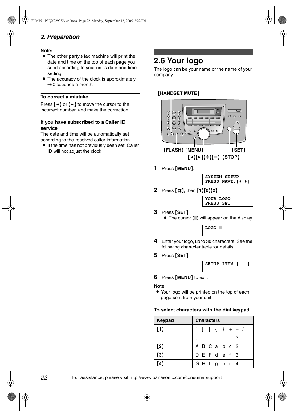 6 your logo, Your logo, 6 your logo | Preparation 22 | Panasonic KX-FLM651 User Manual | Page 24 / 90