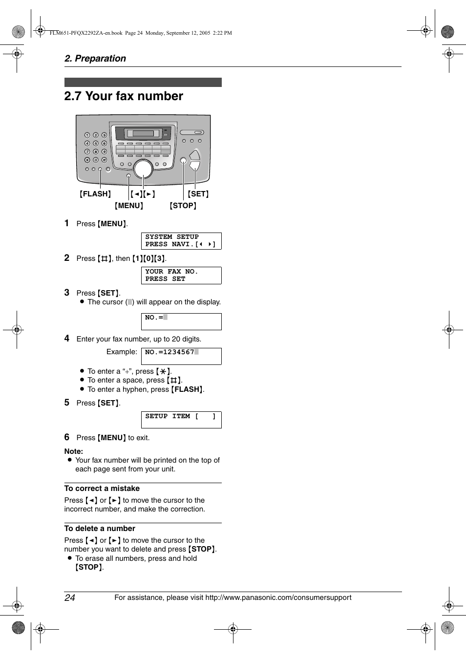 7 your fax number, Your fax number, 7 your fax number | Panasonic KX-FLM651 User Manual | Page 26 / 90