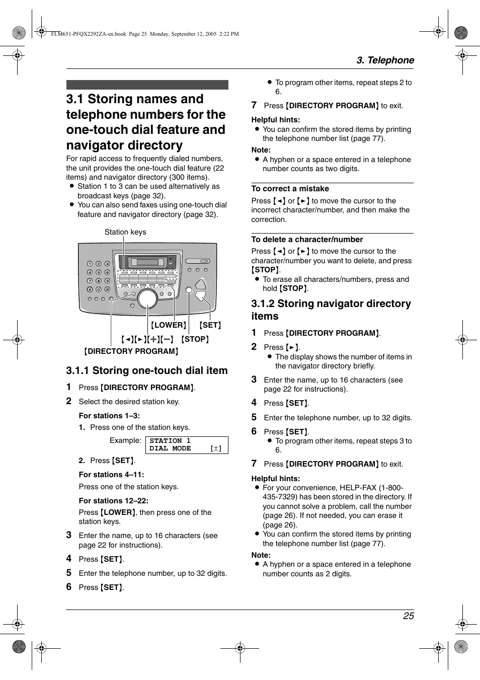 Telephone, Automatic dialing, 1 storing one-touch dial item | 2 storing navigator directory items | Panasonic KX-FLM651 User Manual | Page 27 / 90