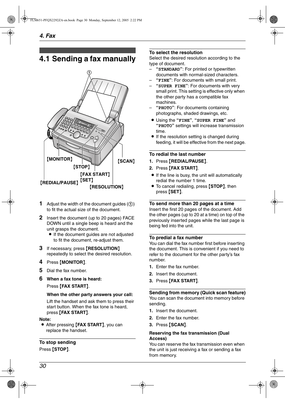 Sending faxes, 1 sending a fax manually, Sending a fax manually | 1 sending a fax manually, Fax 30 | Panasonic KX-FLM651 User Manual | Page 32 / 90