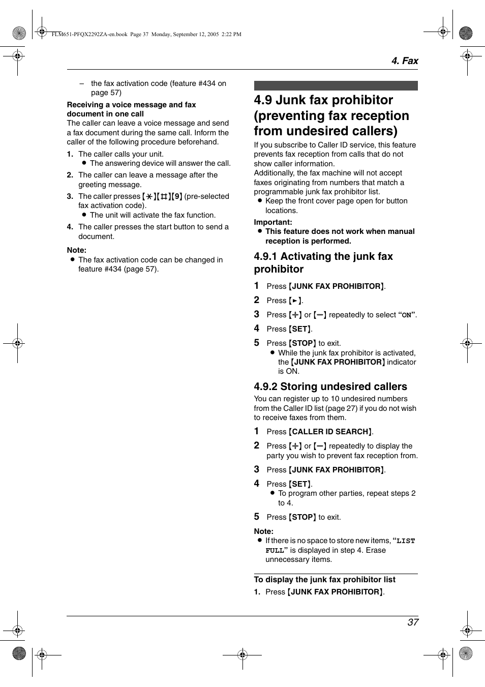 1 activating the junk fax prohibitor, 2 storing undesired callers | Panasonic KX-FLM651 User Manual | Page 39 / 90