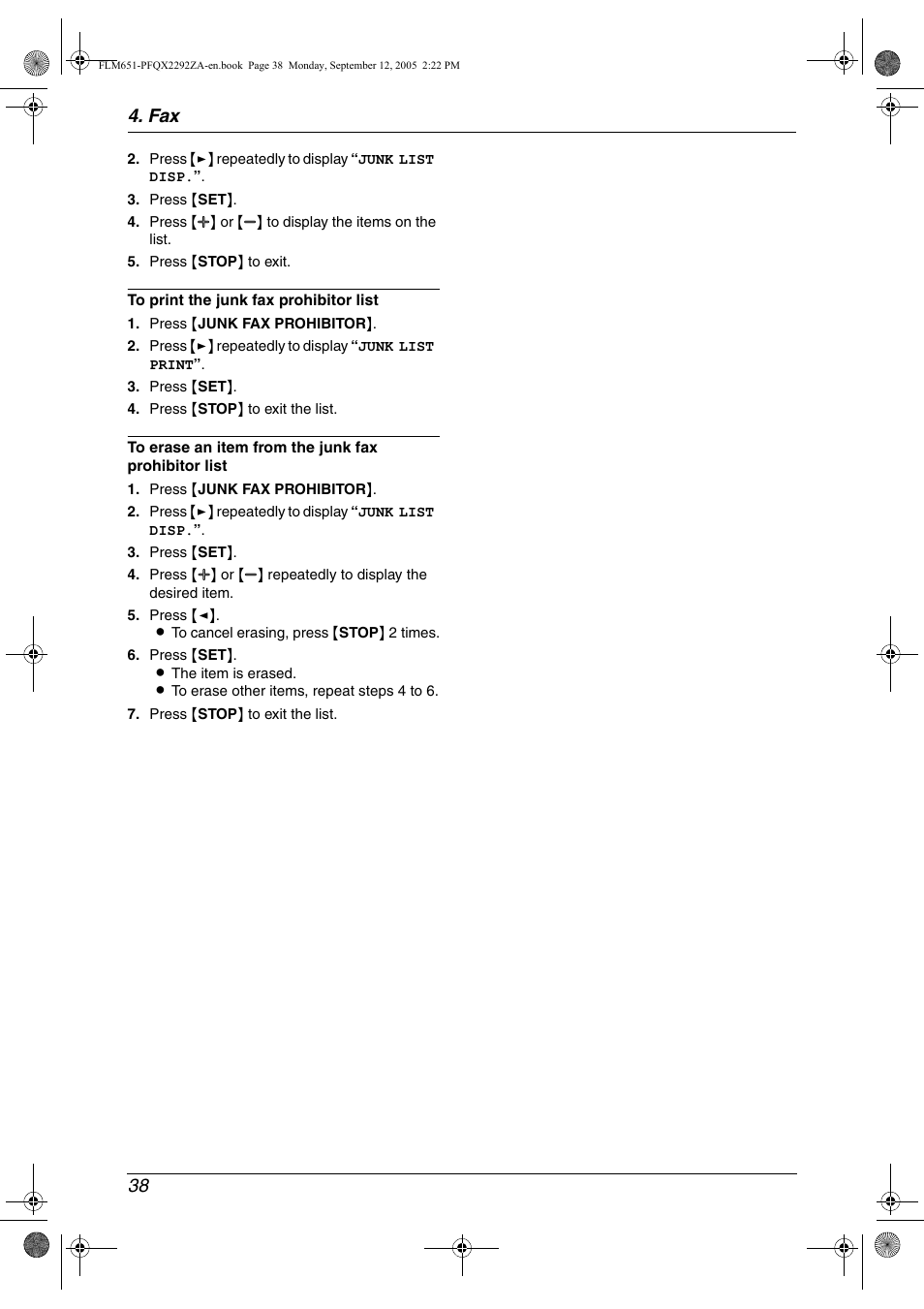 Fax 38 | Panasonic KX-FLM651 User Manual | Page 40 / 90