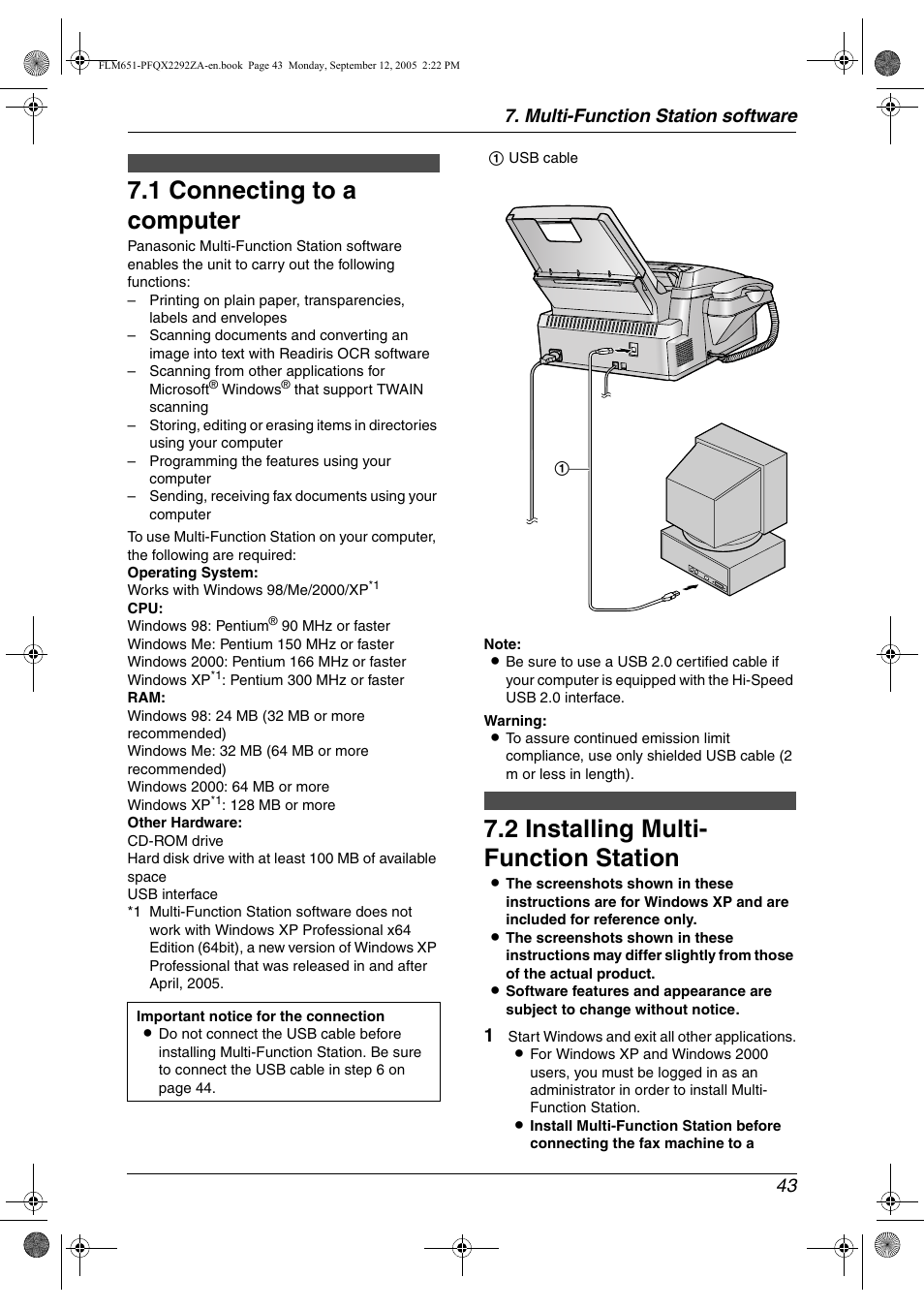 Multi-function station software, Setup, 1 connecting to a computer | 2 installing multi- function station, Multi-function station, Software, Connecting to a computer, Installing multi-function station, 1 connecting to a computer, 2 installing multi- function station | Panasonic KX-FLM651 User Manual | Page 45 / 90