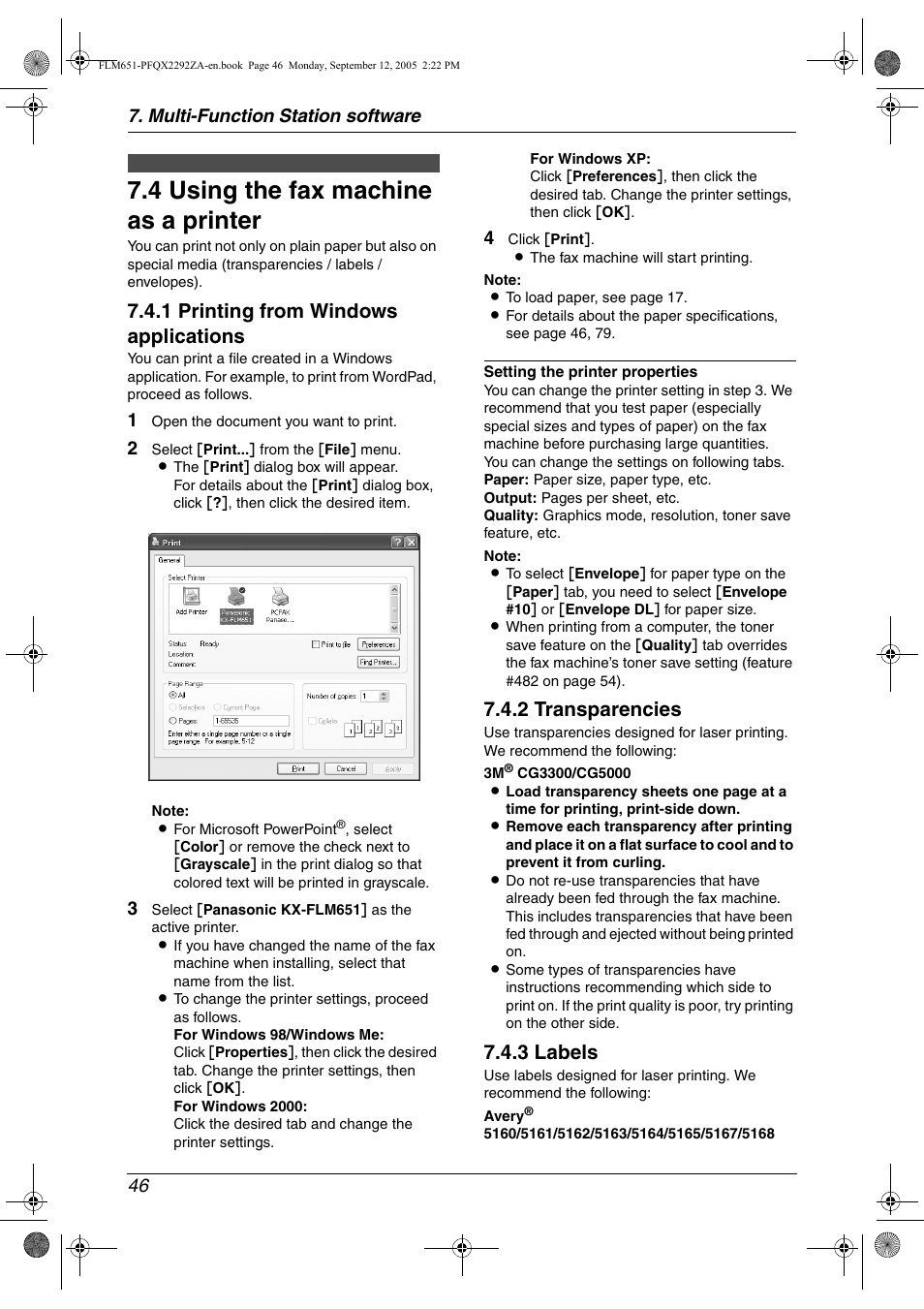 Printing, 4 using the fax machine as a printer, Using the fax machine as a printer | 4 using the fax machine as a printer, 1 printing from windows applications, 2 transparencies, 3 labels, Multi-function station software 46 | Panasonic KX-FLM651 User Manual | Page 48 / 90
