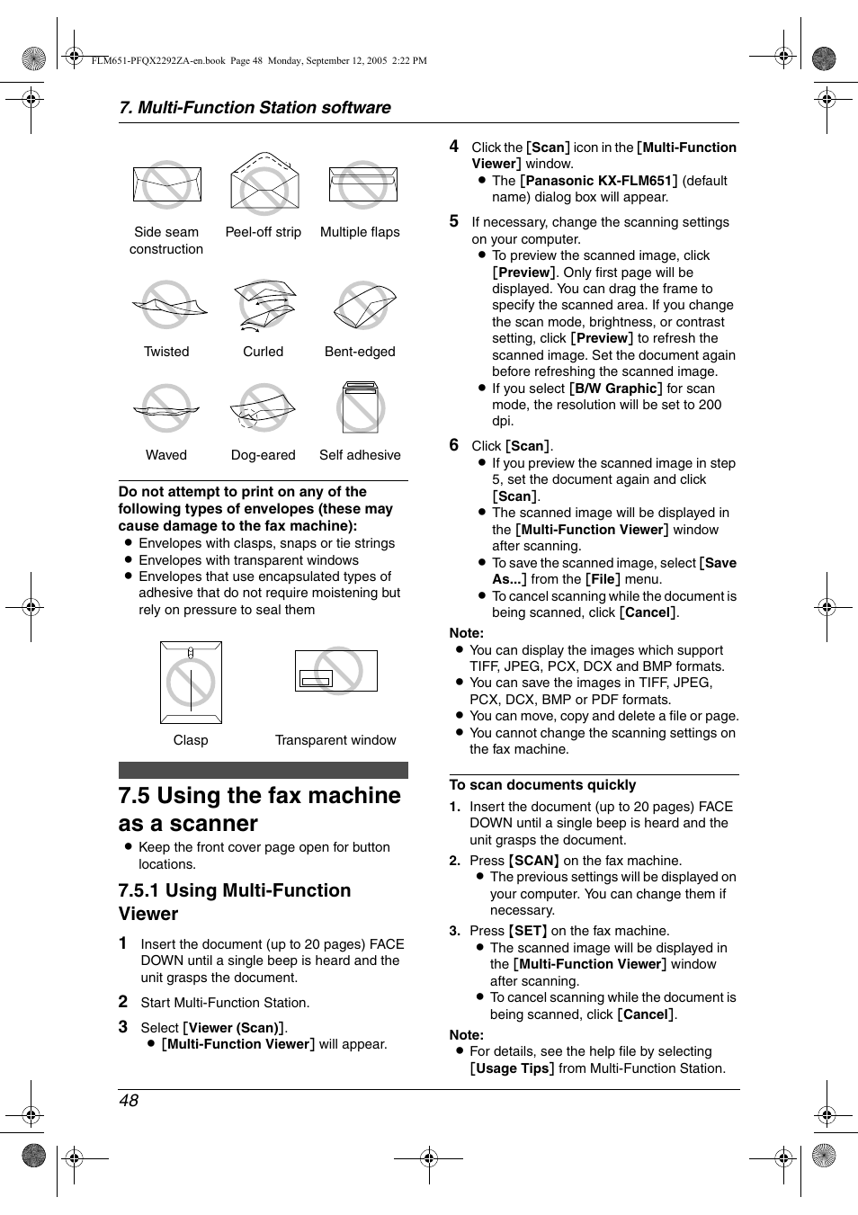 Scanning, 5 using the fax machine as a scanner, Using the fax machine as a scanner | 5 using the fax machine as a scanner, 1 using multi-function viewer, Multi-function station software 48 | Panasonic KX-FLM651 User Manual | Page 50 / 90