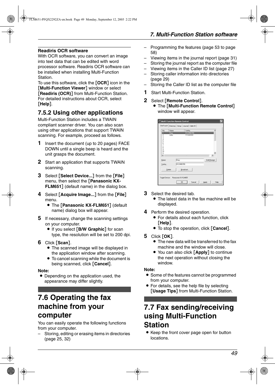 Remote control, 6 operating the fax machine from your computer, Pc fax | Operating the fax machine from your computer, 6 operating the fax machine from your computer, 2 using other applications | Panasonic KX-FLM651 User Manual | Page 51 / 90