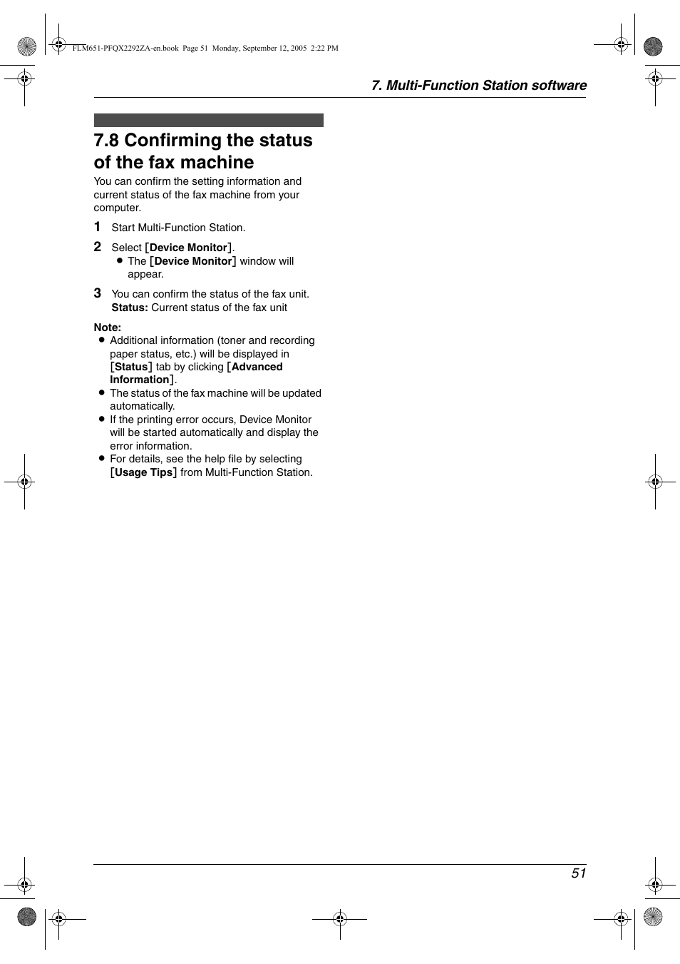 8 confirming the status of the fax machine, Confirming the status of the fax machine, 8 confirming the status of the fax machine | Panasonic KX-FLM651 User Manual | Page 53 / 90