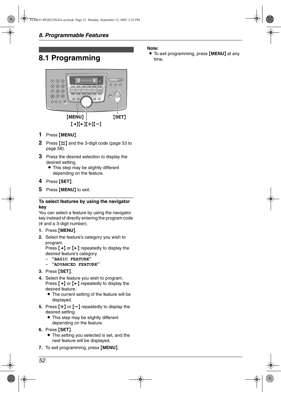 Programmable features, Features summary, 1 programming | Programming, 1 programming, Programmable features 52 | Panasonic KX-FLM651 User Manual | Page 54 / 90