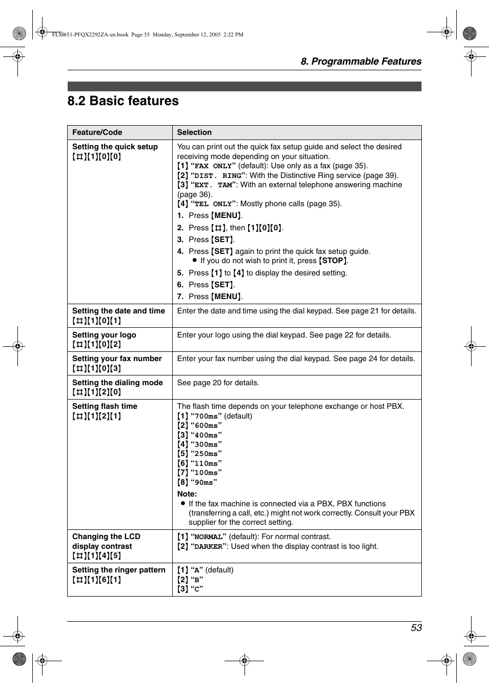 2 basic features, Basic features, 2 basic features | Programmable features 53 | Panasonic KX-FLM651 User Manual | Page 55 / 90