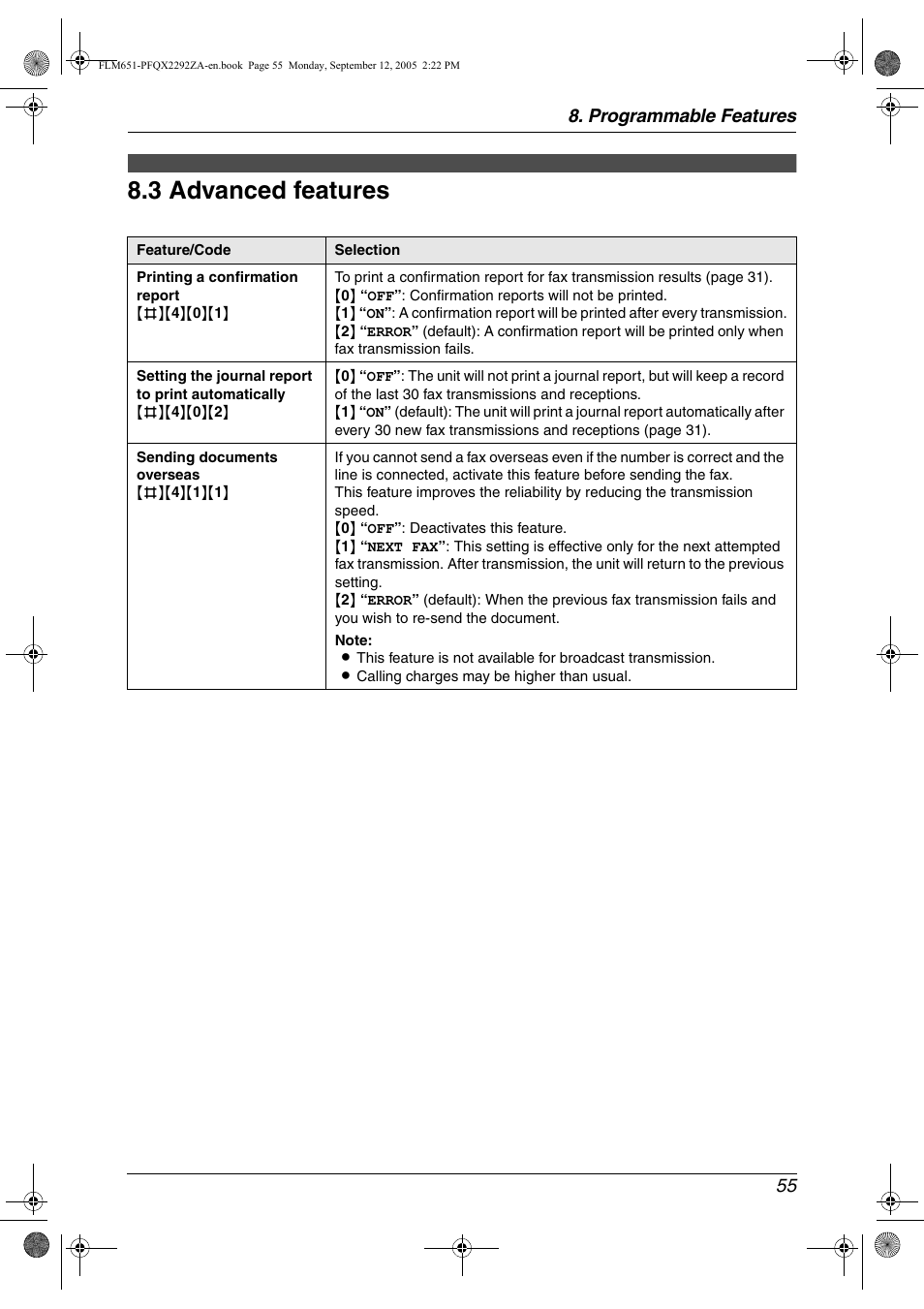 3 advanced features, Advanced features, 3 advanced features | Programmable features 55 | Panasonic KX-FLM651 User Manual | Page 57 / 90