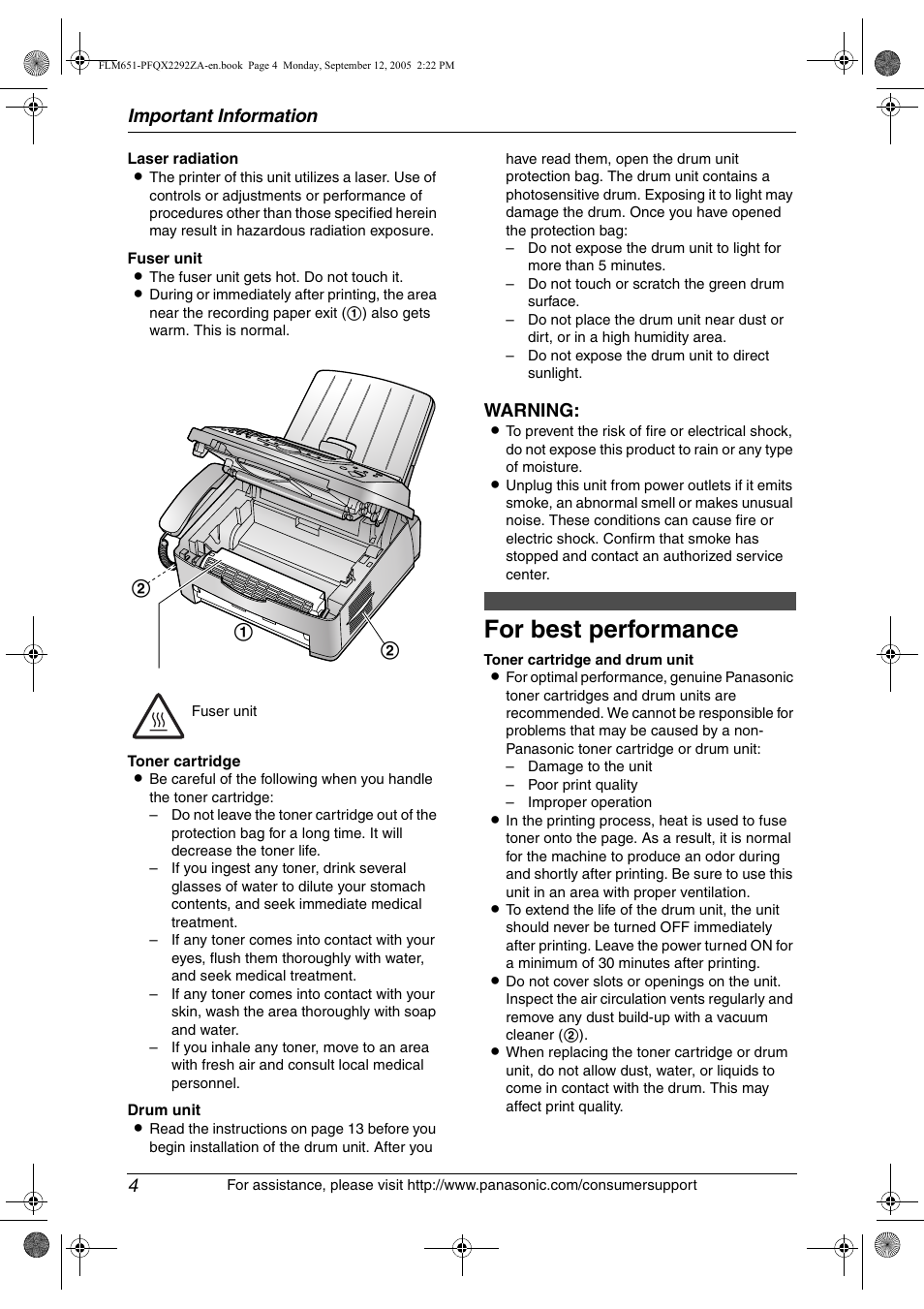 For best performance, Important information 4, Warning | Panasonic KX-FLM651 User Manual | Page 6 / 90