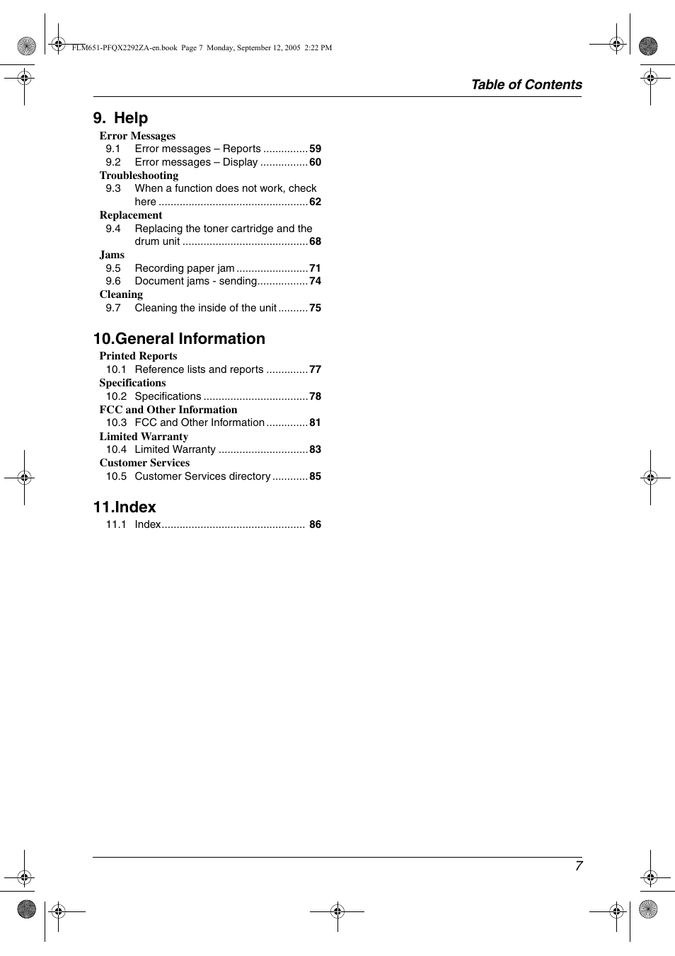 Help, General information, Index | Panasonic KX-FLM651 User Manual | Page 9 / 90