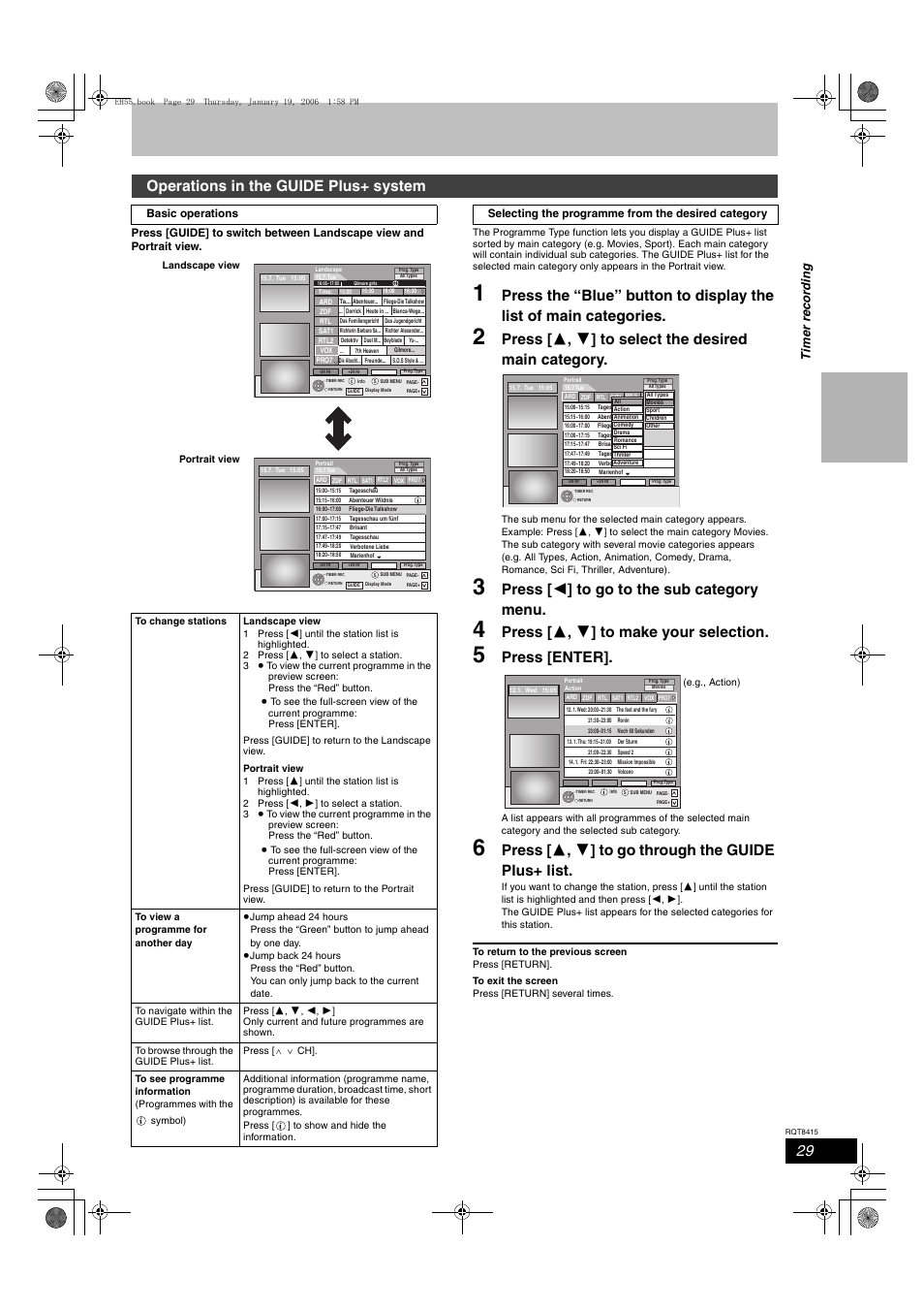 Press [ 2 ] to go to the sub category menu, Press [ 3 , 4 ] to make your selection, Press [enter | Press [ 3 , 4 ] to go through the guide plus+ list, Operations in the guide plus+ system, Tim e r rec o rd in g | Panasonic DMR-EH55 User Manual | Page 29 / 84