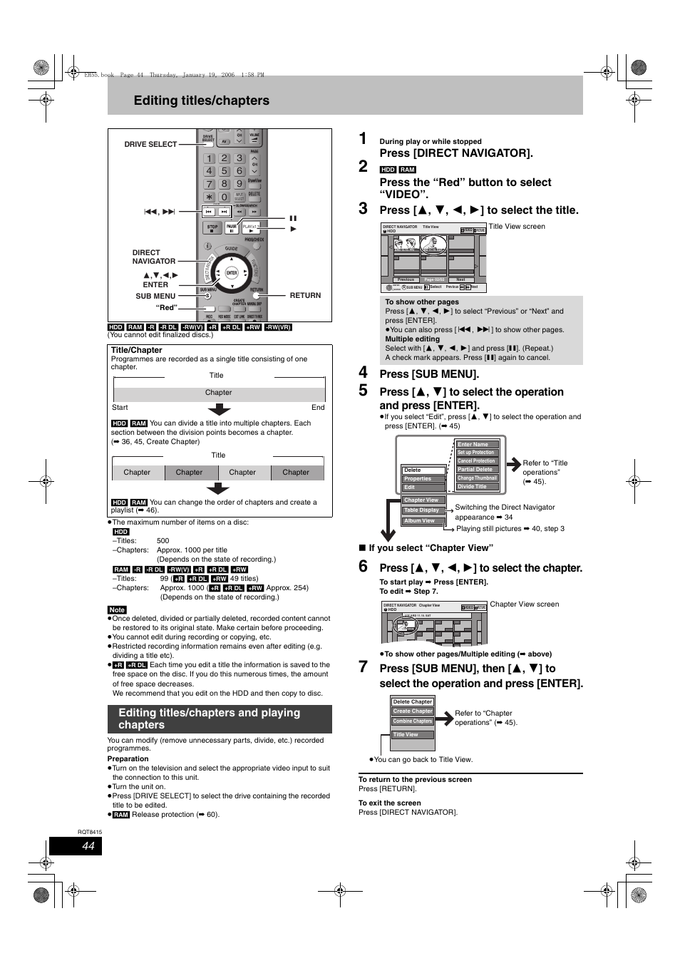 Editing titles/chapters, Press [direct navigator, Press the “red” button to select “video | Press [ 3 , 4 , 2 , 1 ] to select the title, Press [sub menu, Press [ 3 , 4 , 2 , 1 ] to select the chapter, Editing titles/chapters and playing chapters, If you select “chapter view | Panasonic DMR-EH55 User Manual | Page 44 / 84