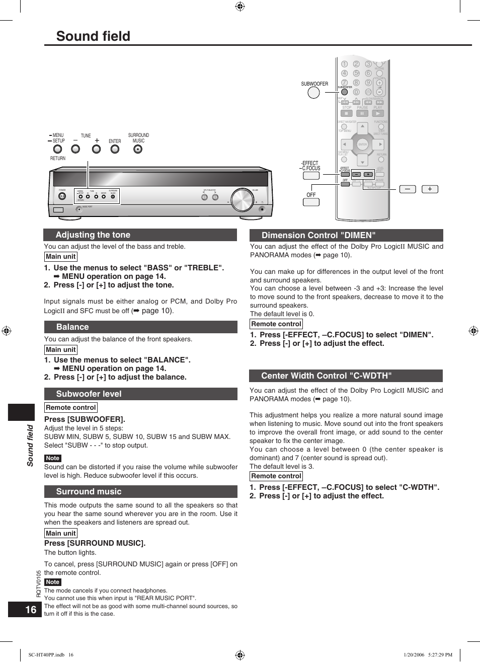 Sound field, Sound ﬁeld, Adjusting the tone | Balance, Subwoofer level, Dimension control "dimen, Center width control "c-wdth, Surround music, Page 10), Press [subwoofer | Panasonic SC-HT40 User Manual | Page 16 / 24