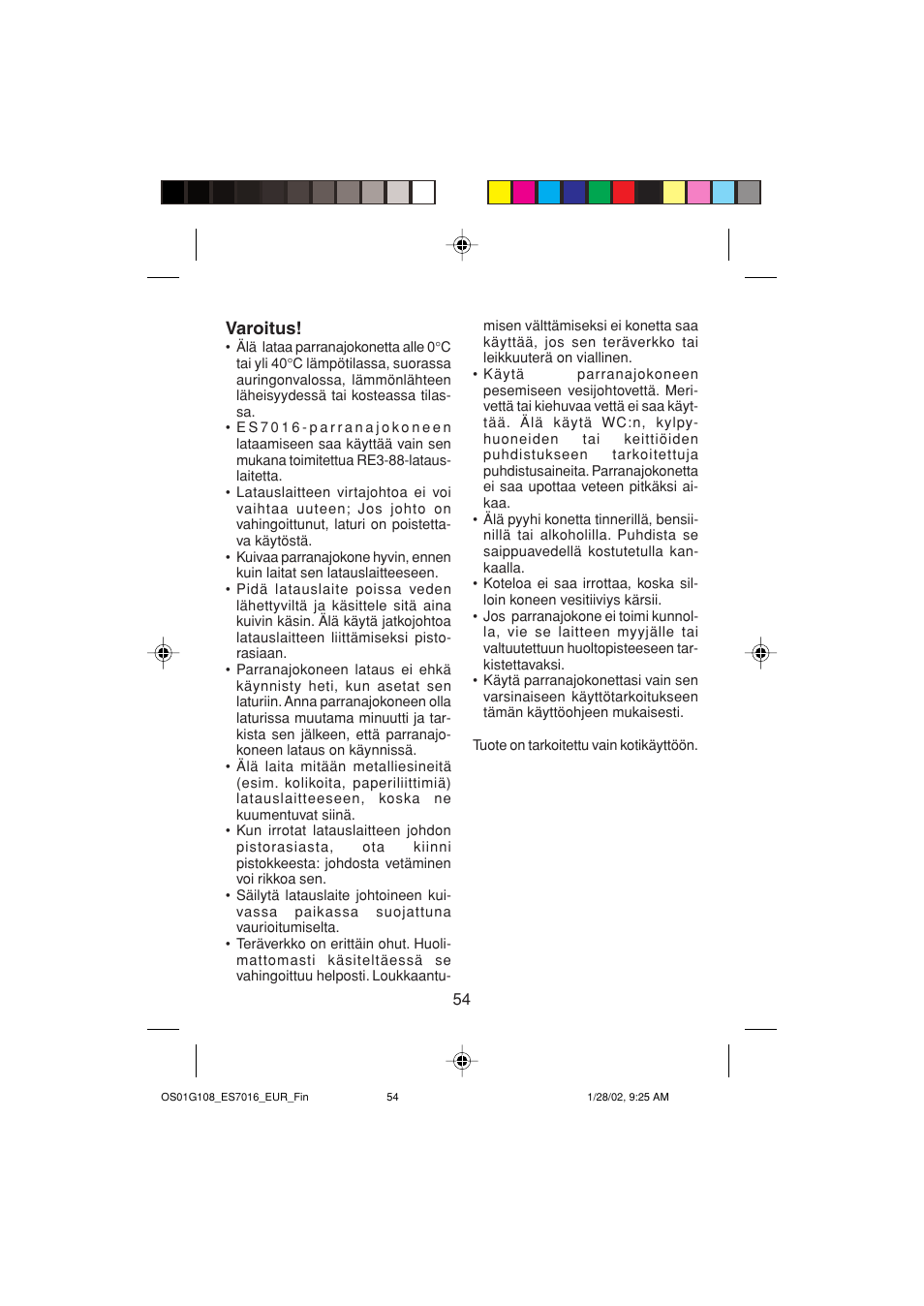 Varoitus | Panasonic ES7016 User Manual | Page 54 / 80