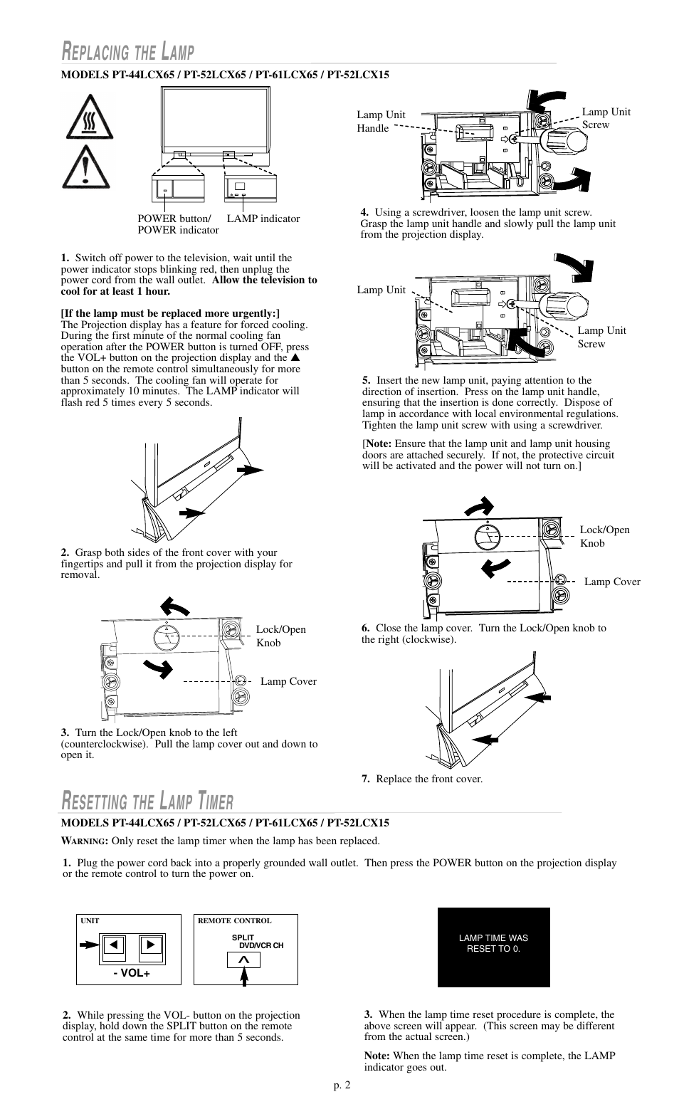 Eplacing the, Esetting the, Imer | Panasonic PT-50LCX63 User Manual | Page 2 / 2