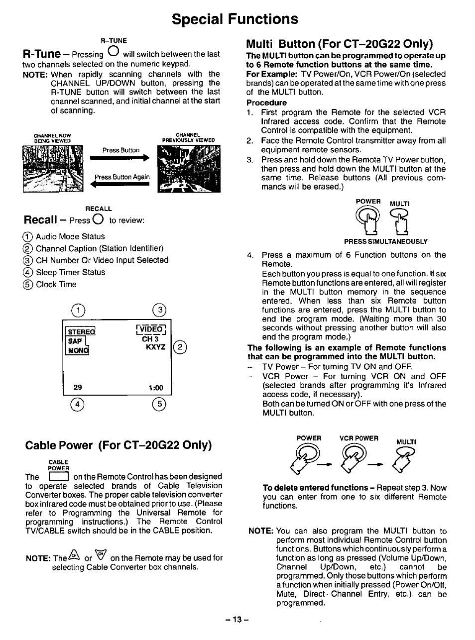 Multi button (for ct-20g22 only), Cable power (for ct-20g22 only), Cable power (ct-20g22) | Multi button (ct-20g22), Special functions, R-tun, Recall | Panasonic CT-20G12 User Manual | Page 13 / 24