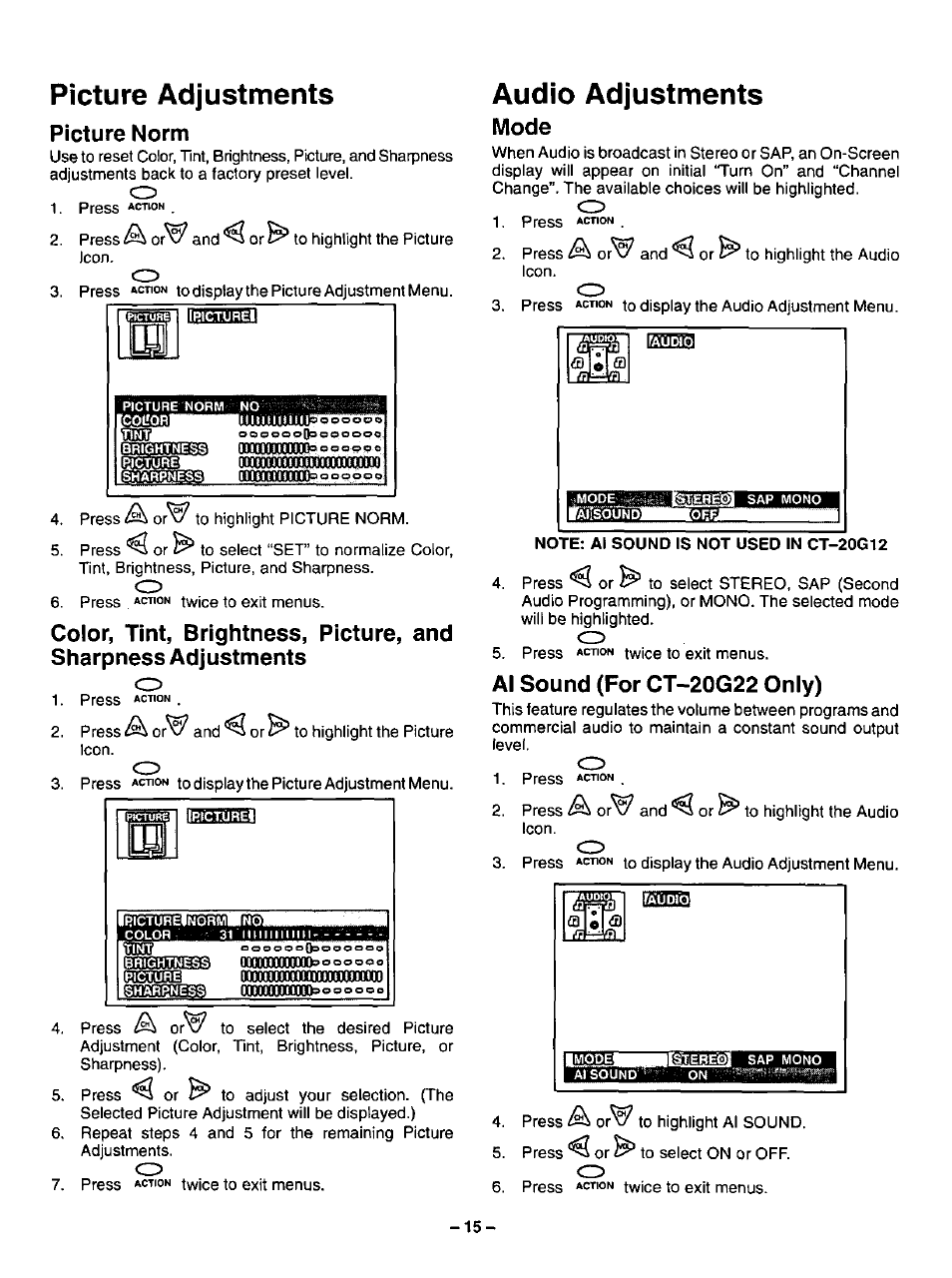 Picture norm, Mode, Al sound (for ct-20g22 only) | Al sound (ct-20g22), Picture adjustments, Audio adjustments, Iduga, Press | Panasonic CT-20G12 User Manual | Page 15 / 24