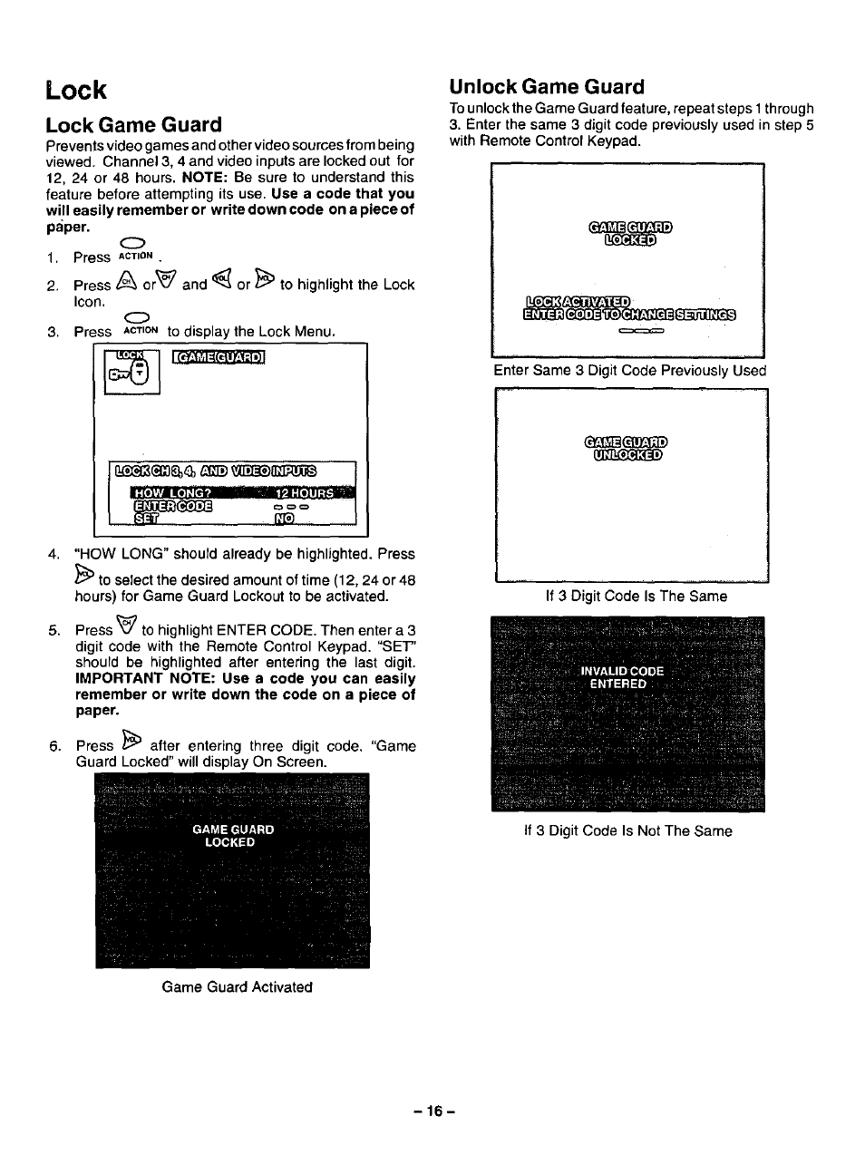 Lock game guard, Unlock game guard, Lock game guard unlock game guard | Lock | Panasonic CT-20G12 User Manual | Page 16 / 24