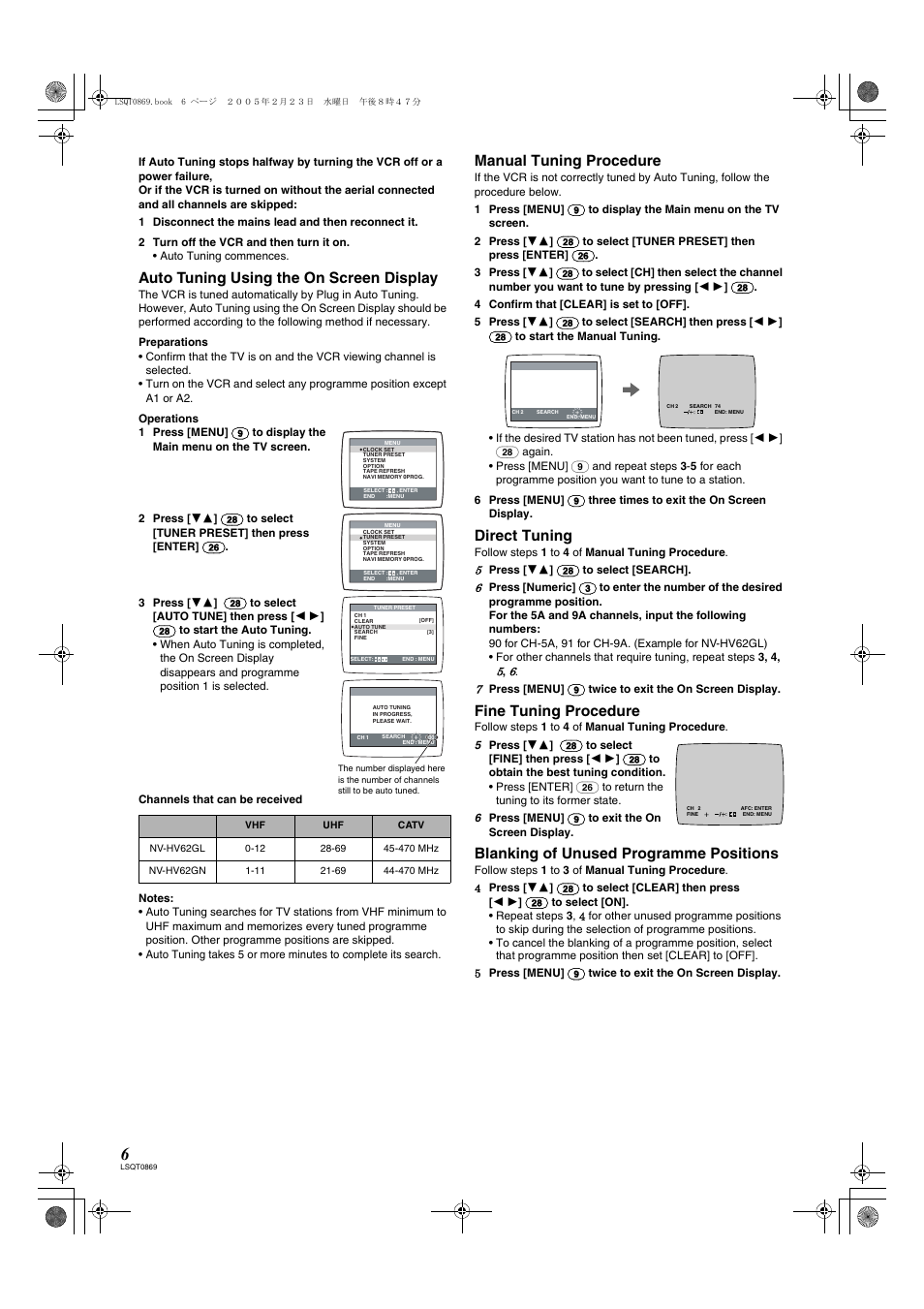 Auto tuning using the on screen display, Manual tuning procedure, Direct tuning | Fine tuning procedure, Blanking of unused programme positions | Panasonic NV-HV62GN User Manual | Page 6 / 20