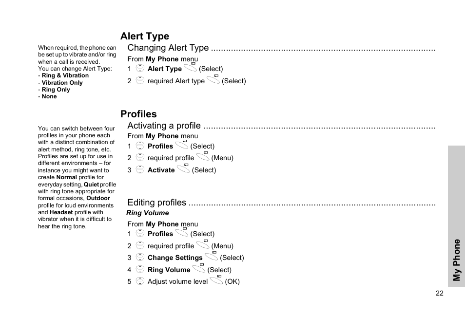 Alert type profiles, Alert type, Profiles | Panasonic GSM EB-G51M User Manual | Page 25 / 91