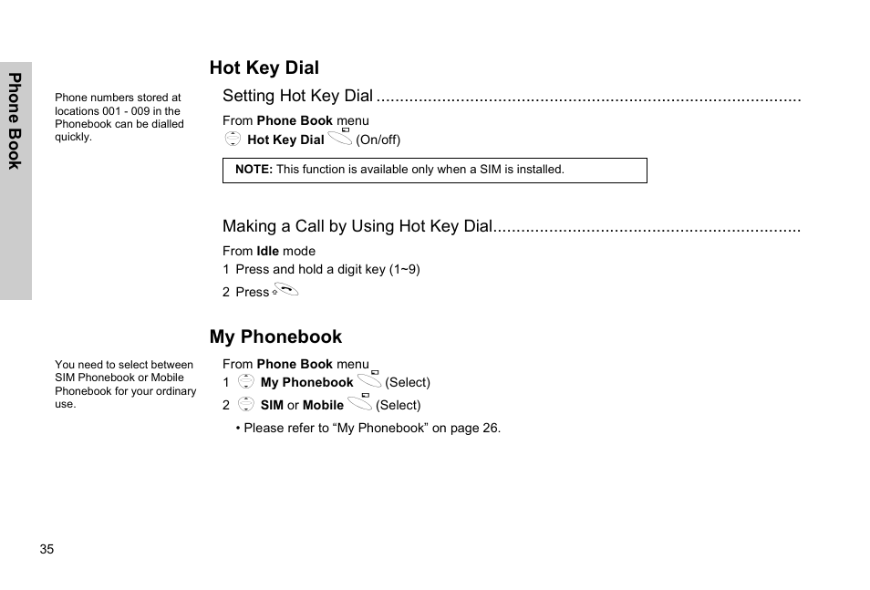 Hot key dial my phonebook, Hot key dial, Cmy phonebook | Panasonic GSM EB-G51M User Manual | Page 38 / 91