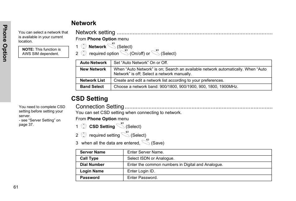 Network csd setting, Network, Csd setting | Panasonic GSM EB-G51M User Manual | Page 64 / 91