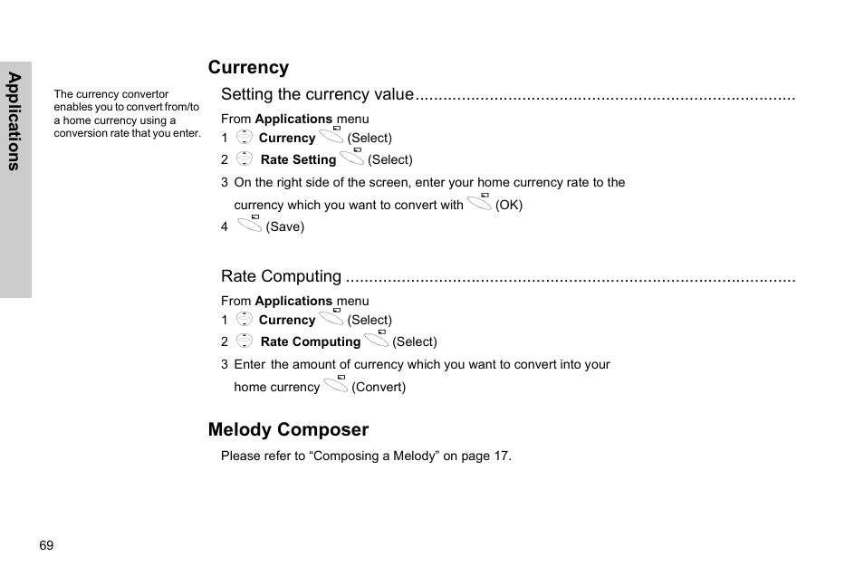 Currency melody composer, Currency, Melody composer | Panasonic GSM EB-G51M User Manual | Page 72 / 91
