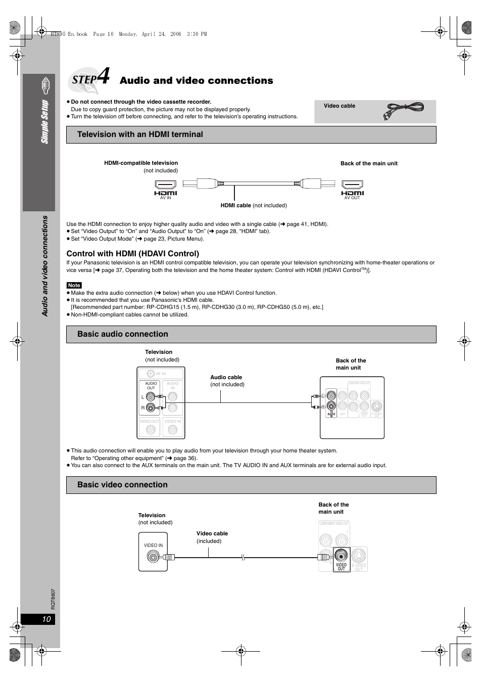 Step, Audio and video connections, 10 simple se tu p | Control with hdmi (hdavi control), Audio and vide o c onne ction s | Panasonic SC-HT895 User Manual | Page 10 / 44