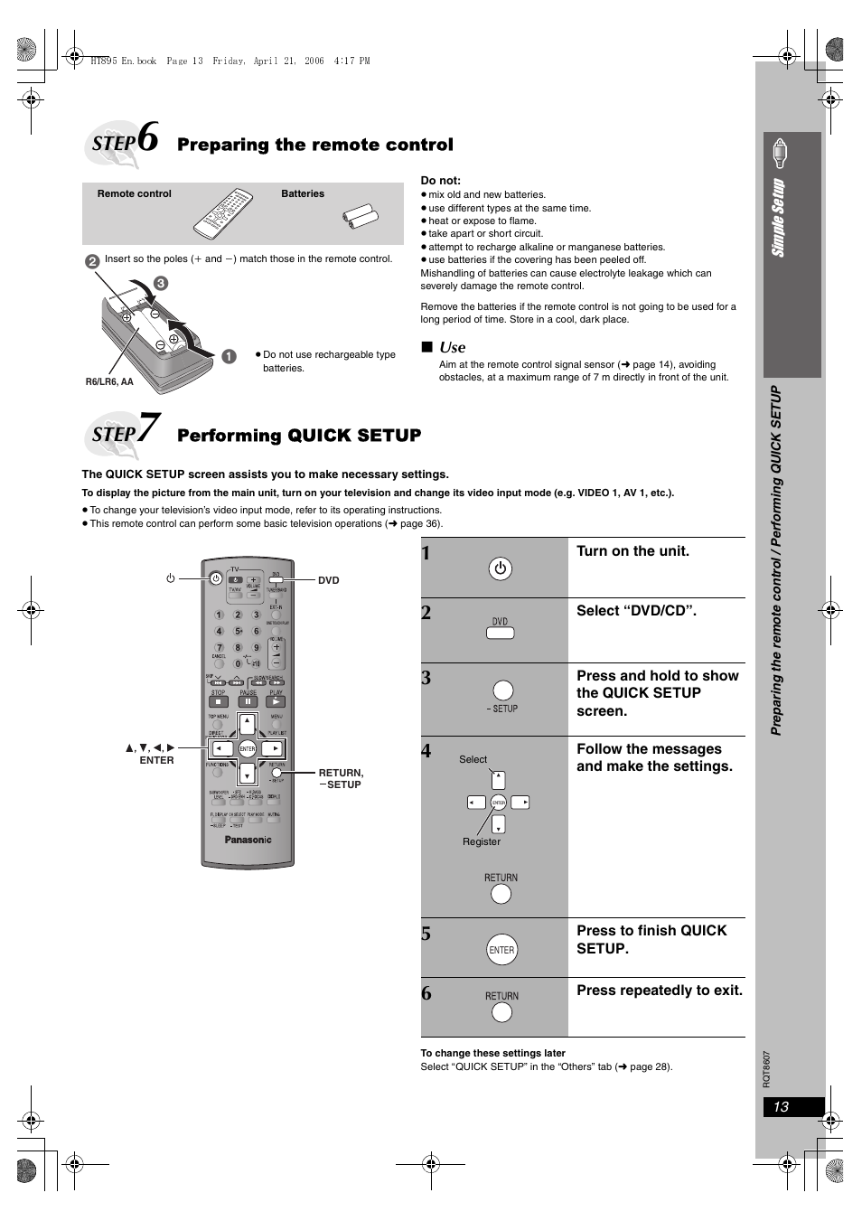 Step, Preparing the remote control, Performing quick setup | Panasonic SC-HT895 User Manual | Page 13 / 44
