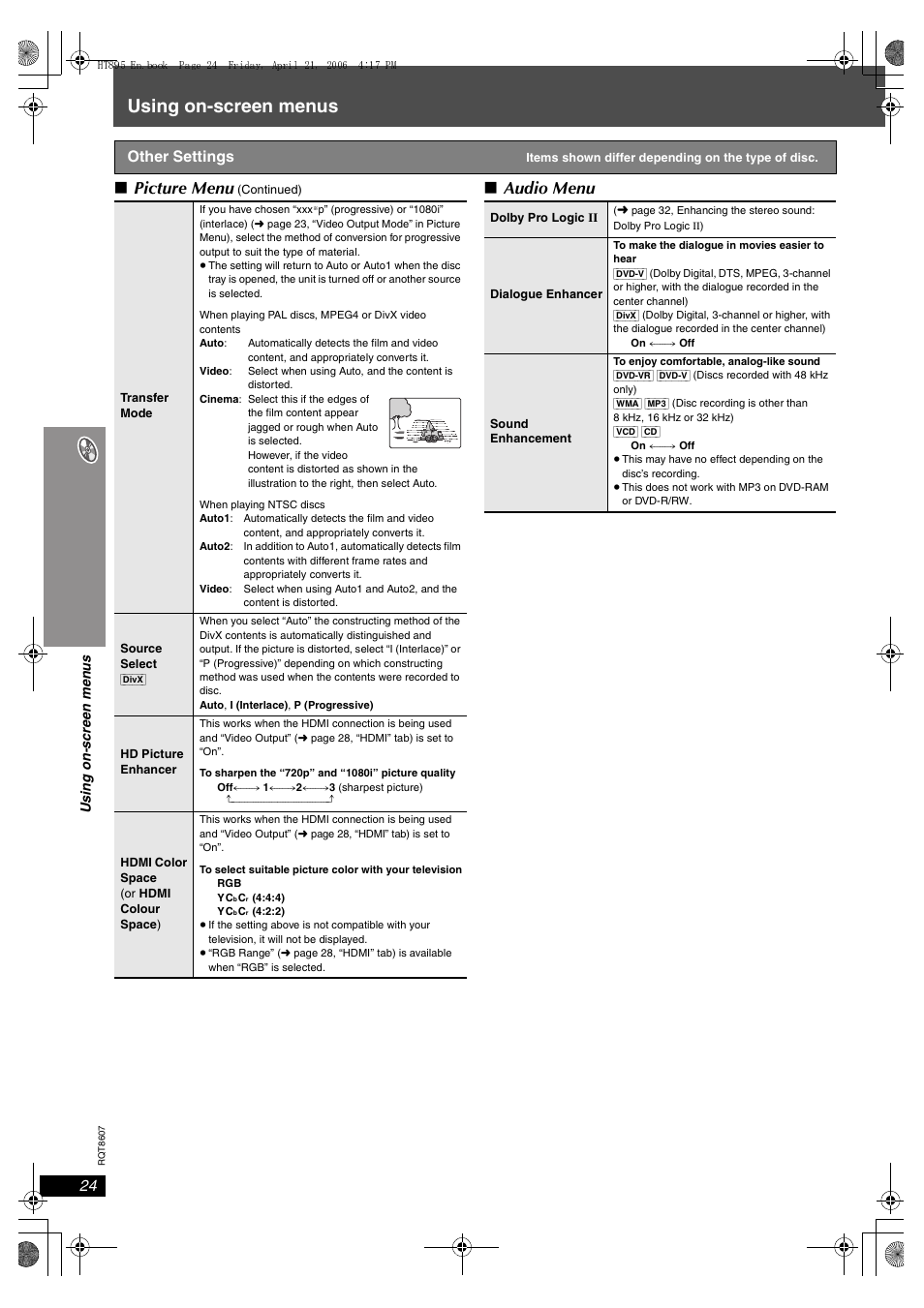 Using on-screen menus, Picture menu, Audio menu | Other settings | Panasonic SC-HT895 User Manual | Page 24 / 44