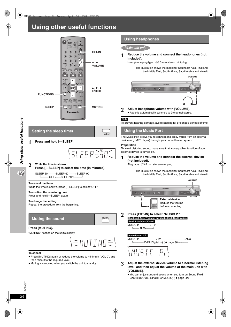 Using other useful functions, Setting the sleep timer, Muting the sound | Using headphones, Using the music port | Panasonic SC-HT895 User Manual | Page 34 / 44
