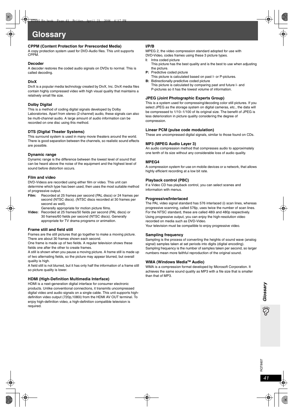 Glossary | Panasonic SC-HT895 User Manual | Page 41 / 44