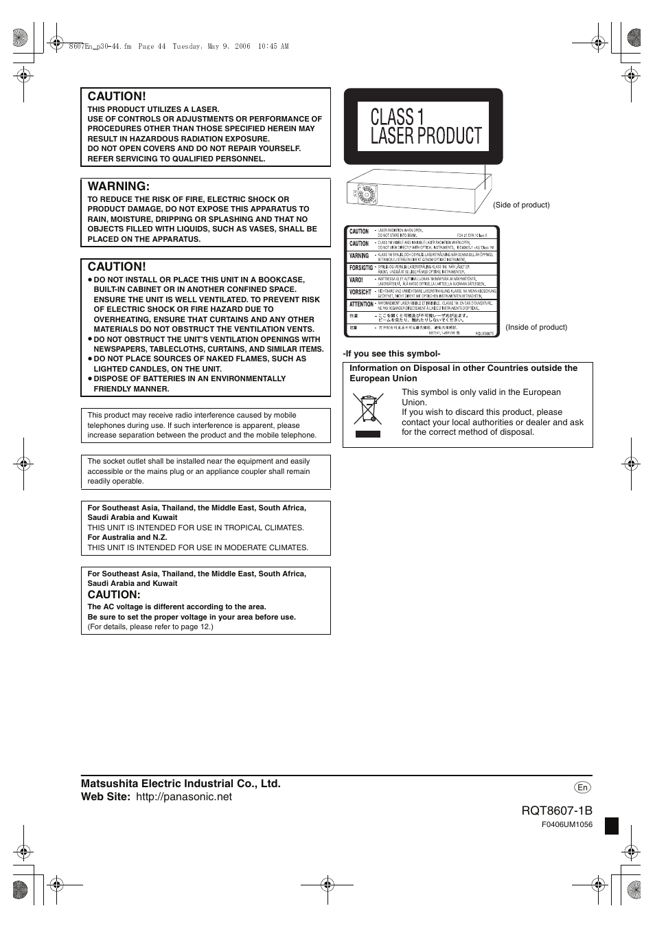 Caution, Warning | Panasonic SC-HT895 User Manual | Page 44 / 44