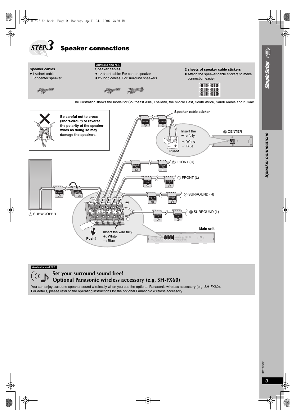 Step, Speaker connections, 9simple se tu p | Sp eak er c onne ction s, Australia[and[n.z | Panasonic SC-HT895 User Manual | Page 9 / 44