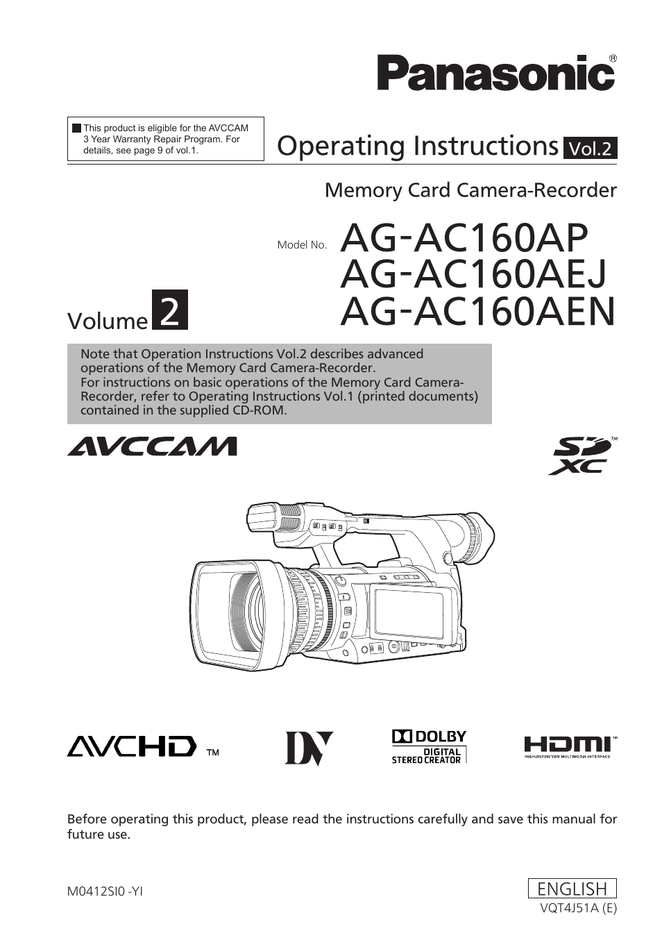Panasonic AG-AC160AEN User Manual | 110 pages