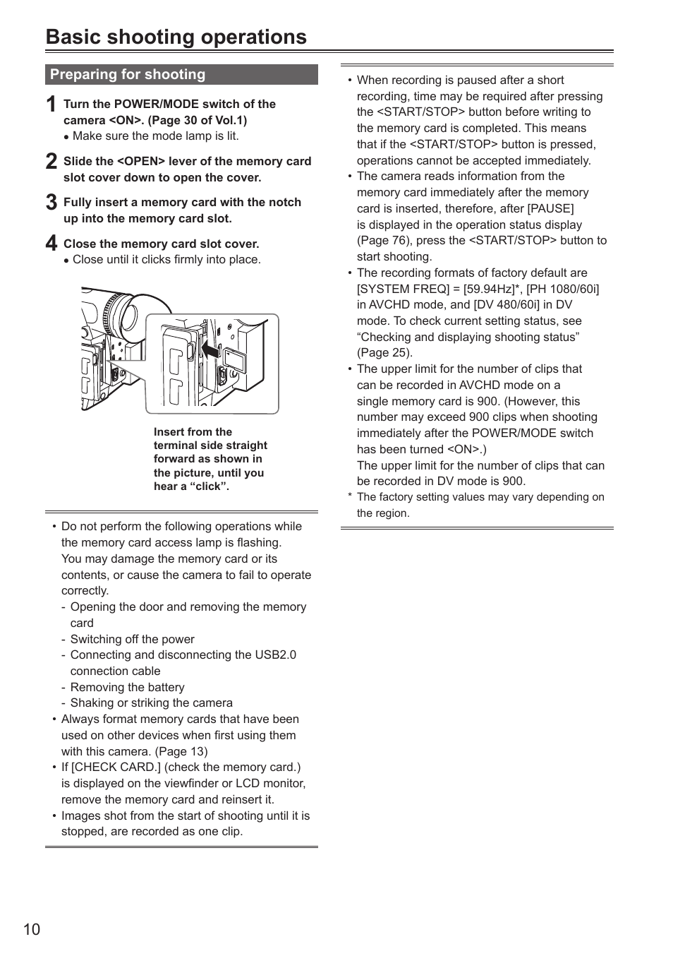 Basic shooting operations, Preparing for shooting | Panasonic AG-AC160AEN User Manual | Page 10 / 110