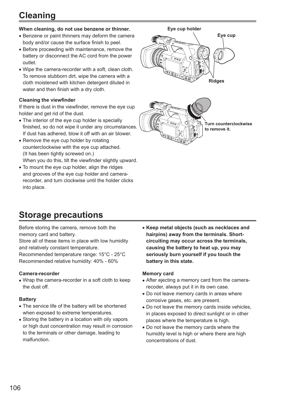 Cleaning, Storage precautions | Panasonic AG-AC160AEN User Manual | Page 106 / 110