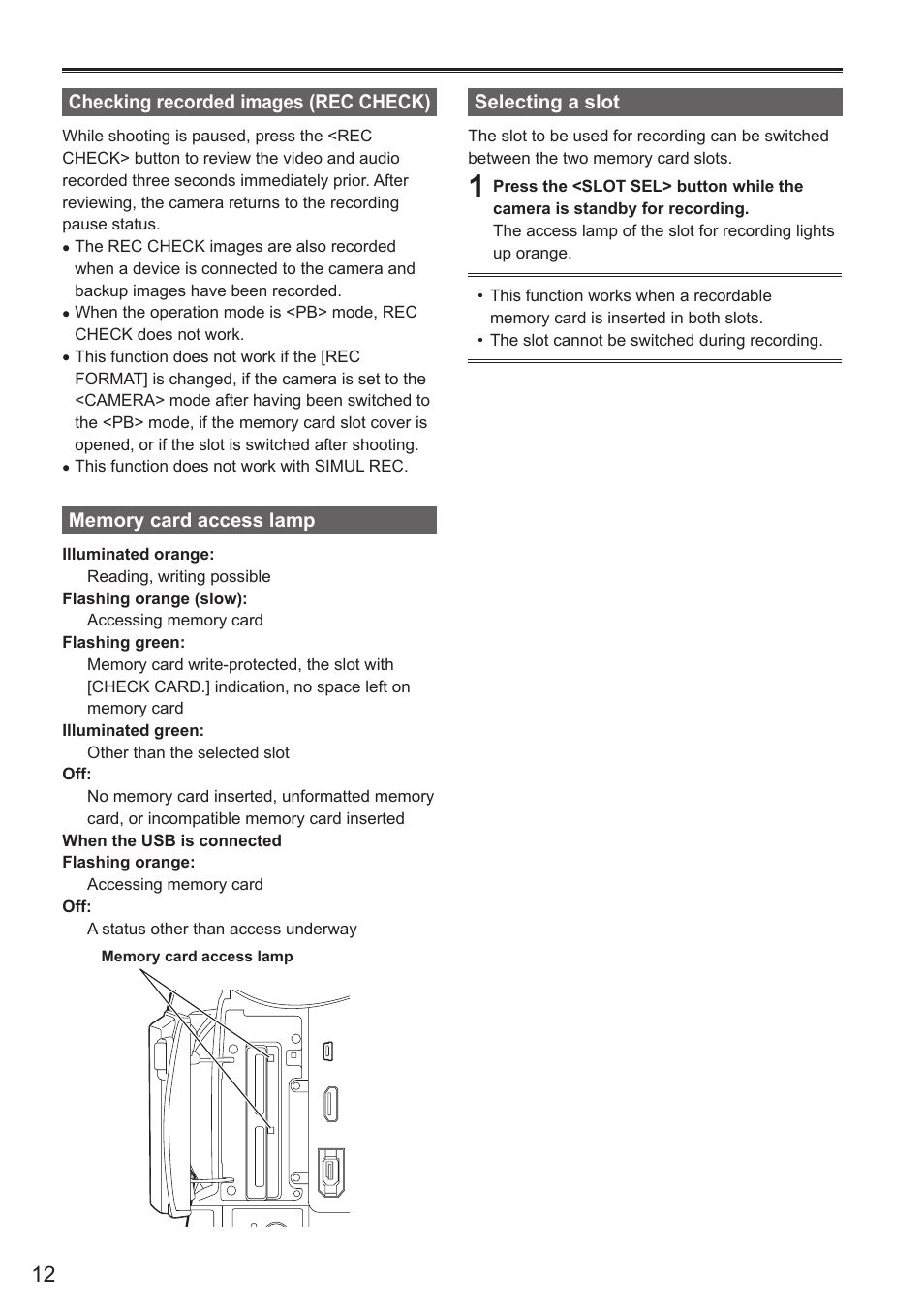Checking recorded images (rec check), Memory card access lamp, Selecting a slot | Panasonic AG-AC160AEN User Manual | Page 12 / 110