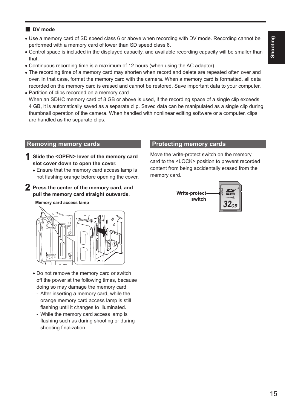 Removing memory cards, Protecting memory cards, Removing memory cards protecting memory cards | Panasonic AG-AC160AEN User Manual | Page 15 / 110