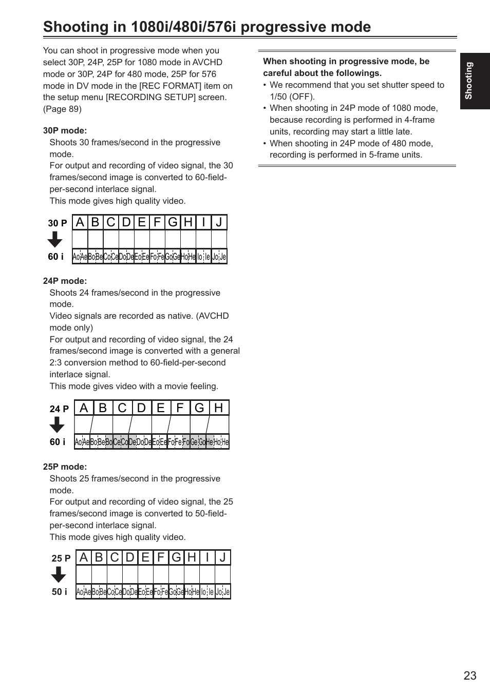 Shooting in 1080i/480i/576i progressive mode, Shooting in 1080i/480i/576i progressive, Mode | Panasonic AG-AC160AEN User Manual | Page 23 / 110